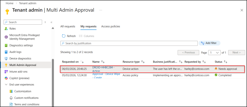 Need approval for device wipe actions in intune admin center