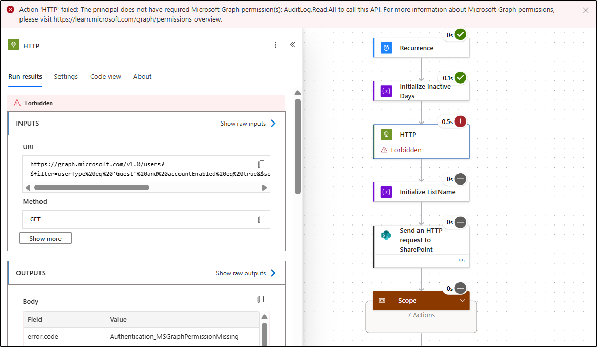 HTTP action permission error in stale guest power automate workflow