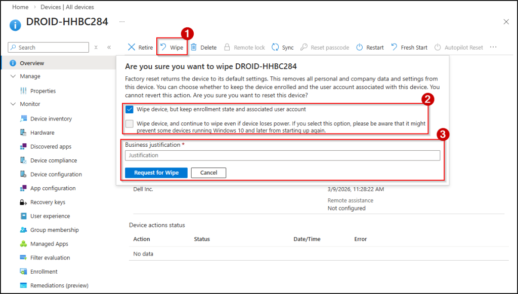 Request for device wipe action in Microsoft Intune after enabling MAA