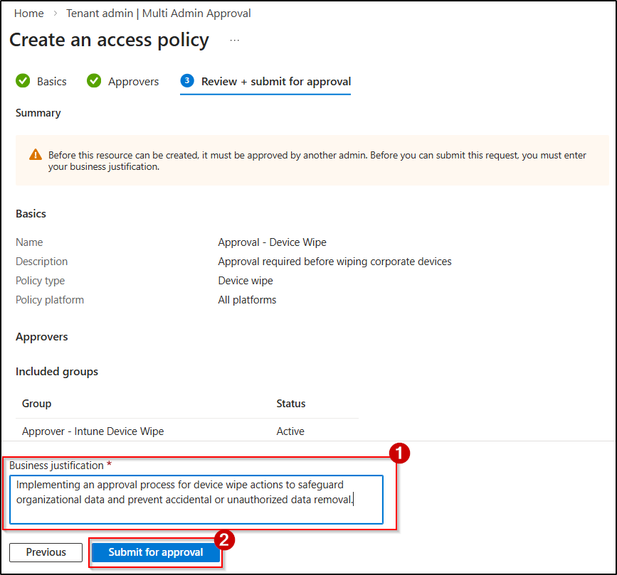 Review access policy in multi admin approval and submit for approval