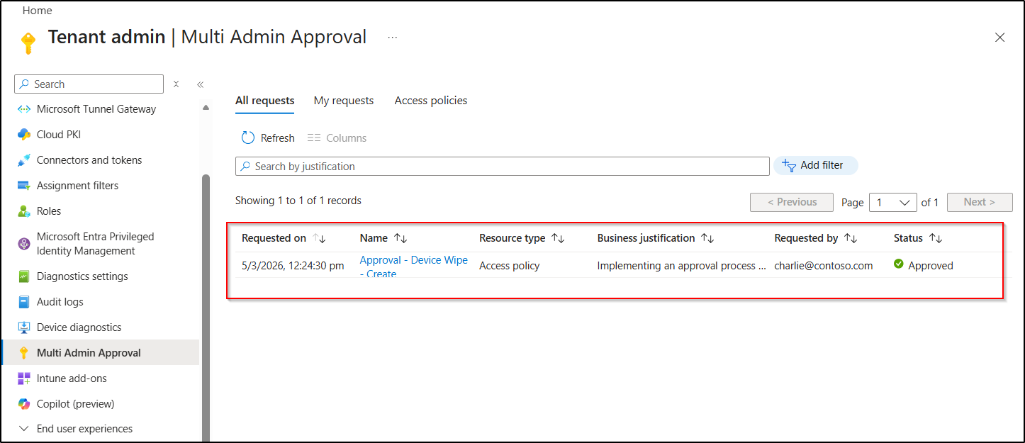 Verify approved access policy for device wipe in multi admin approval