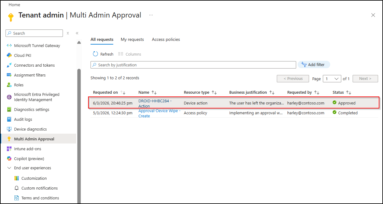 Verify the approved device wipe request and complete the action
