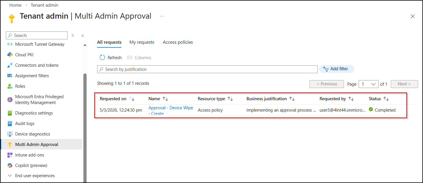 Verify the completed device wipe access policy in MAA
