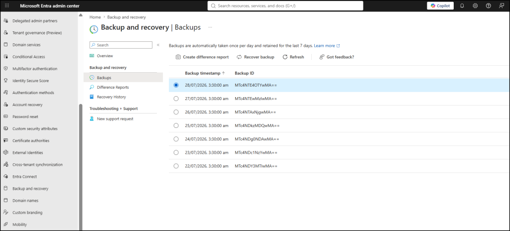 View all backups in Microsoft Entra backup