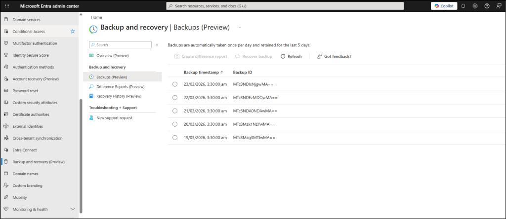 View all backups in Microsoft entra backup