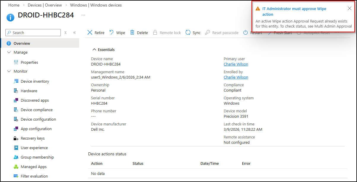 Submitting multiple wipe request in Microsoft intune