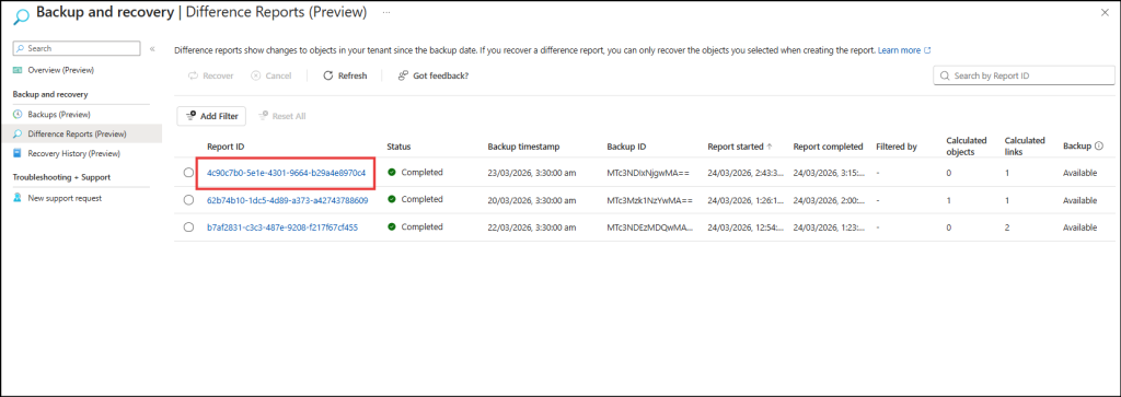 click on a difference report id