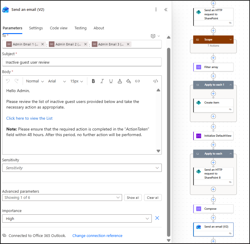 Send inactive guest user list to admin using power automate