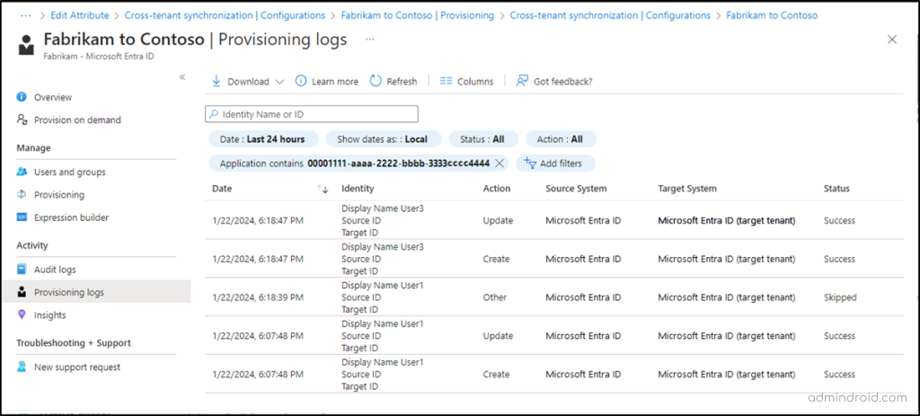 Cross-Tenant Synchronization Provisioning Logs