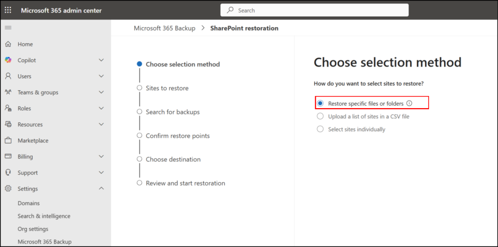 File and folder restoration in Microsoft 365 backup