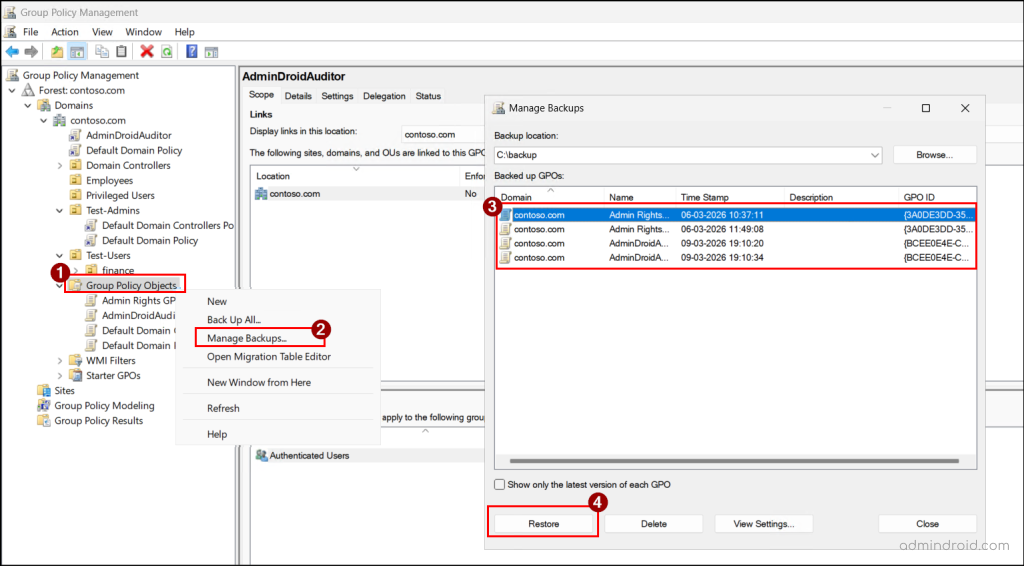 Restore all Backed Up GPOs in Active Directory