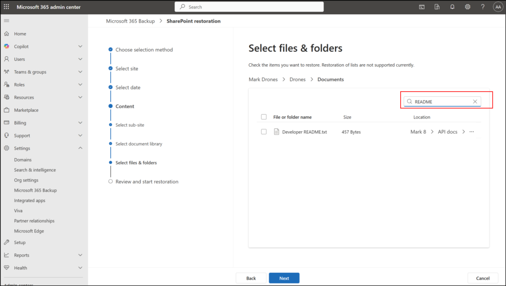 search option to select target files and folders for restoration