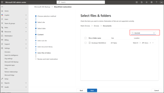 Microsoft 365 Backup for File and Folder Restore