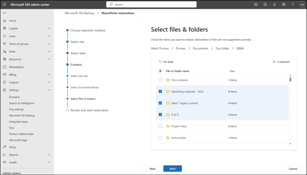 select files and folder for restoration in Microsoft 365 backup