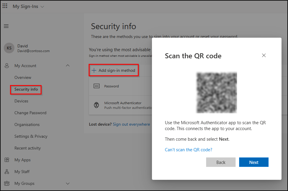 Add account to MS Authenticator app using QR code
