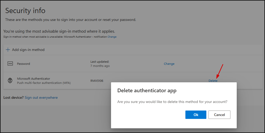 Delete authentication method on Security Info page
