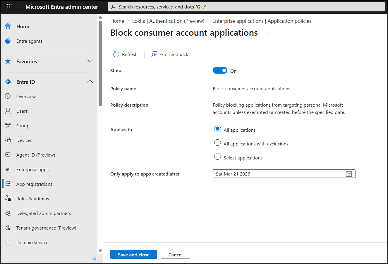 Block consumer apps in Entra