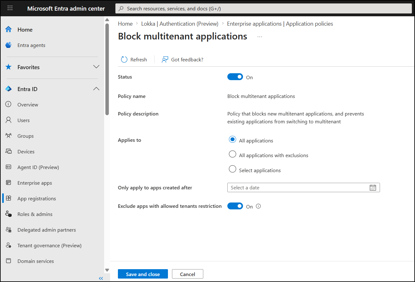 Block mult-tenant apps and consumer apps in Entra 