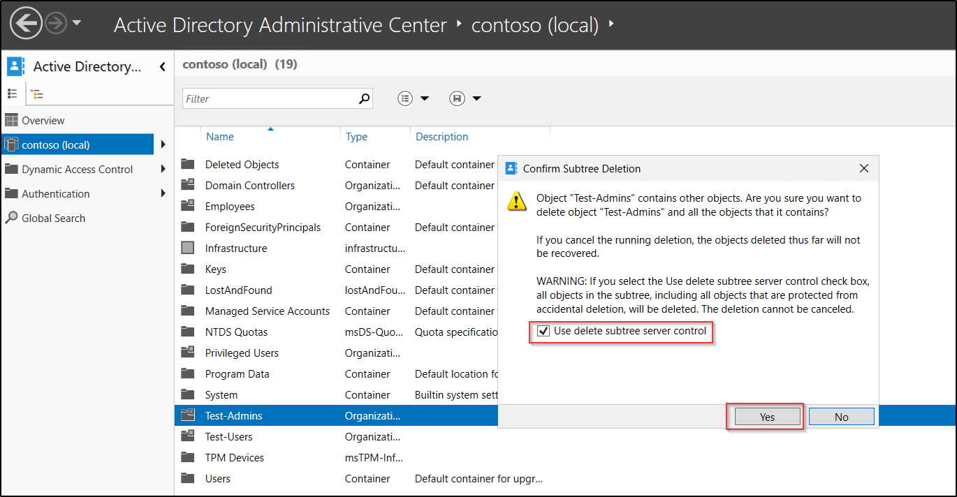 Delete all protected object within an OU using ADAC