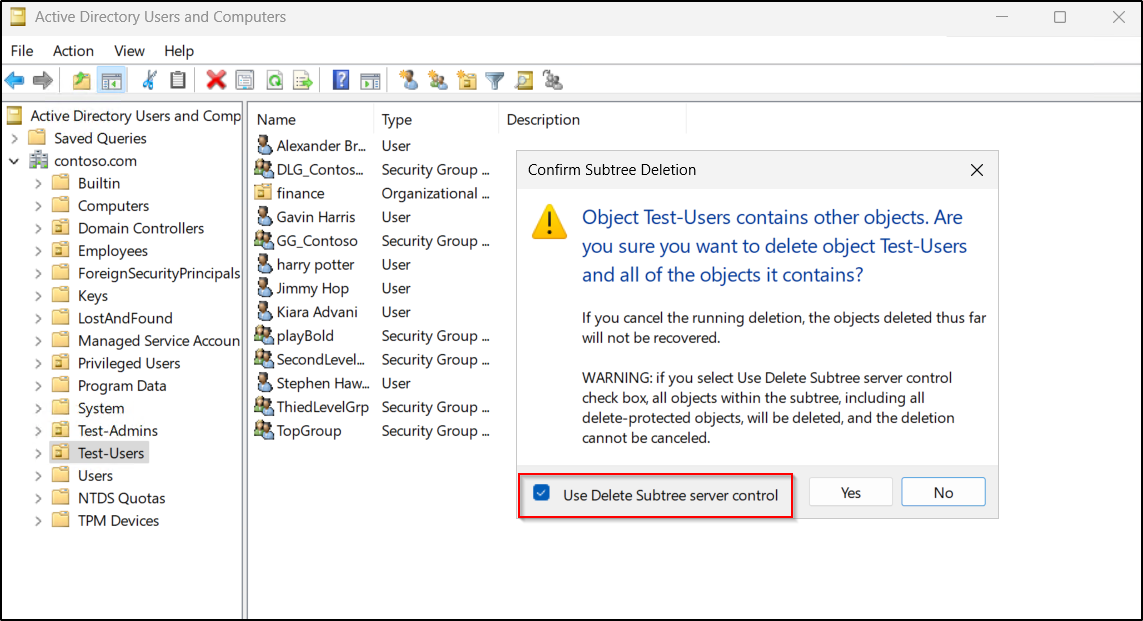 Delete protected objects in ou using aduc