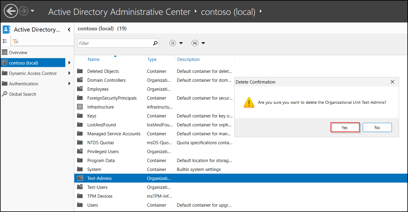 Delete protected OU in Active Directory using ADAC