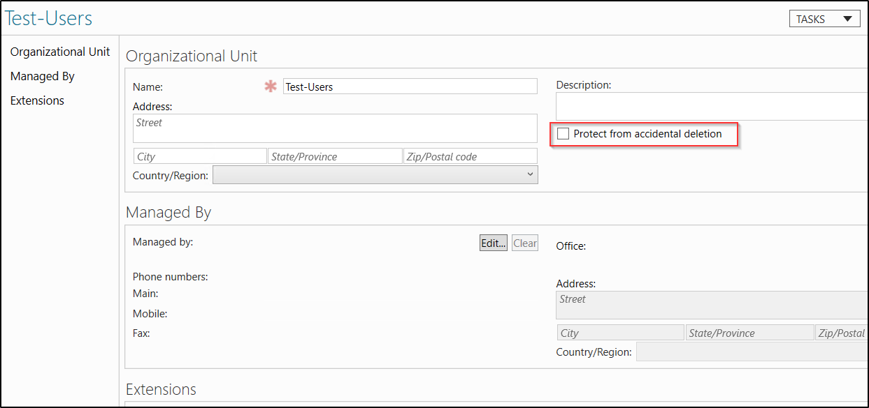 Disable protection for OU in ADAC