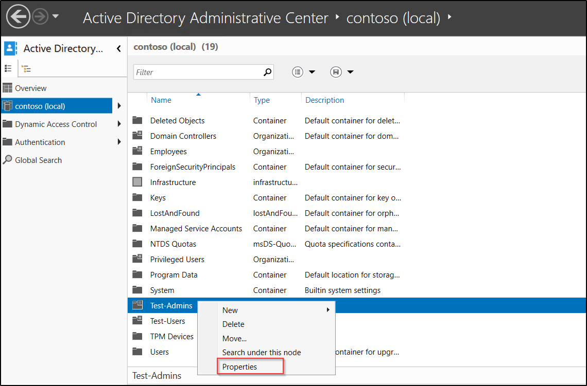 Locate protected OUs in ADAC