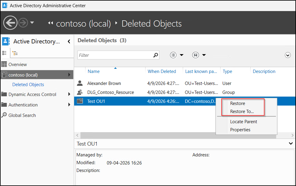 Restore deleted OU in Active Directory Using Recycle Bin