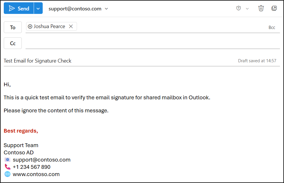 User Experience After Configuring a Signature for a Shared Mailbox in Outlook