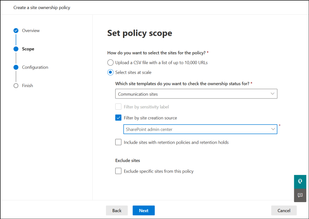 Configure the scope of the site ownership policy