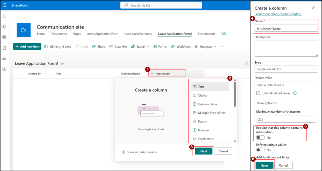 Create leave application form sharePoint list