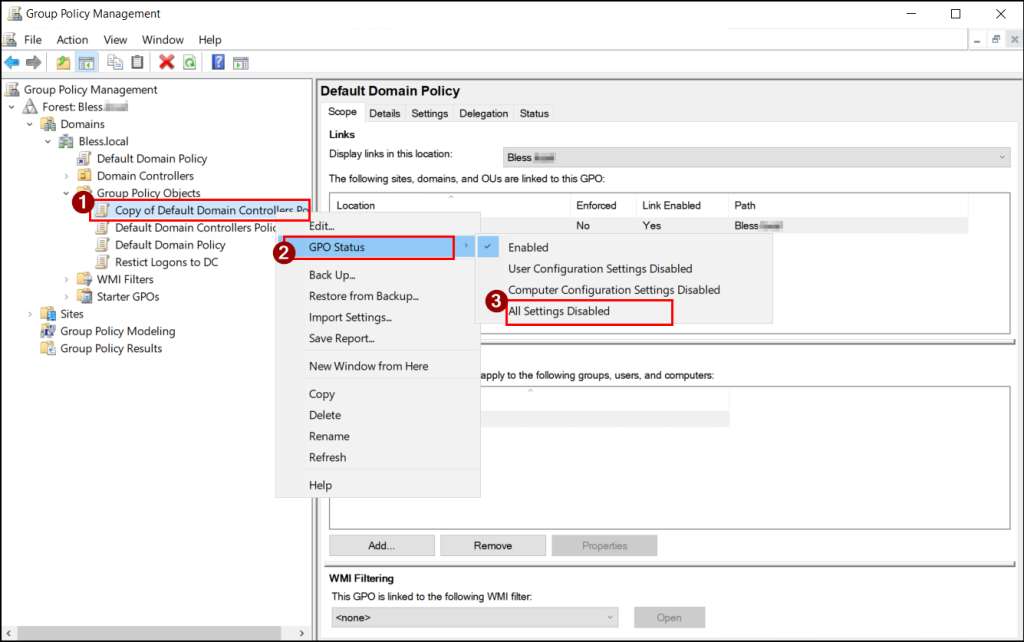 Disable settings for the copied default GPOs