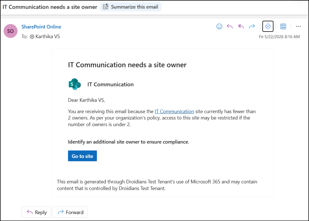Email notification sample of site ownership policy