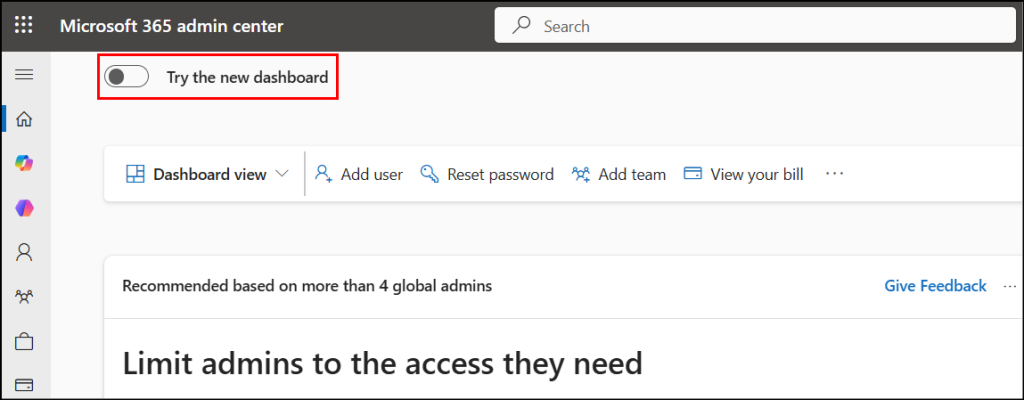 Enable new M365 admin center dashbaord