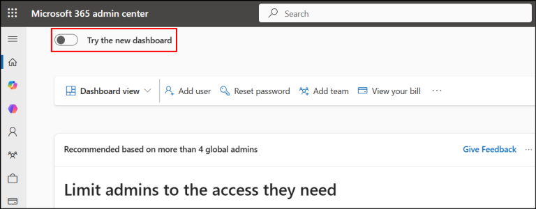New Microsoft 365 Admin Center Dashboard Experience
