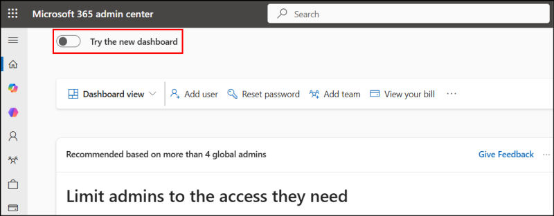 New Microsoft 365 Admin Center Dashboard Experience