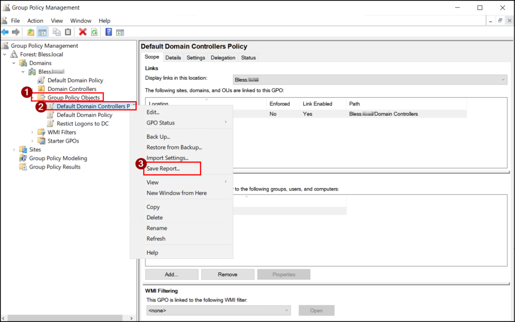 Export current GPO settings as an HTML report in GPMC