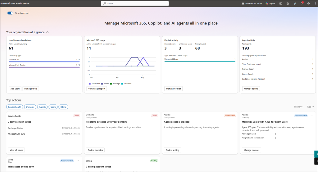 New Microsoft 365 admin center dashboard