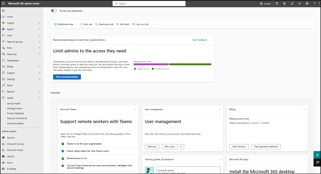 Old Microsoft 365 admin center dashboard