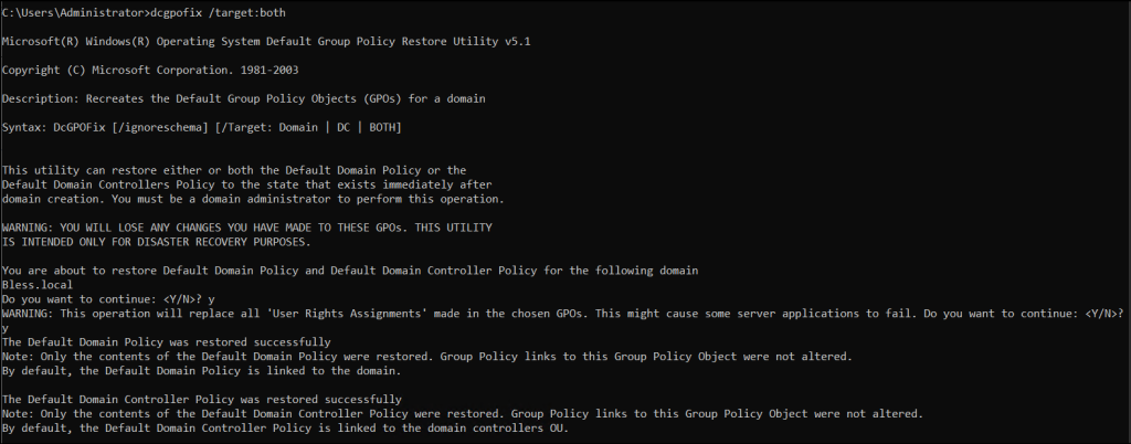 Reset Both Default Domain Policy and Default Domain Controllers Policy using Command Prompt
