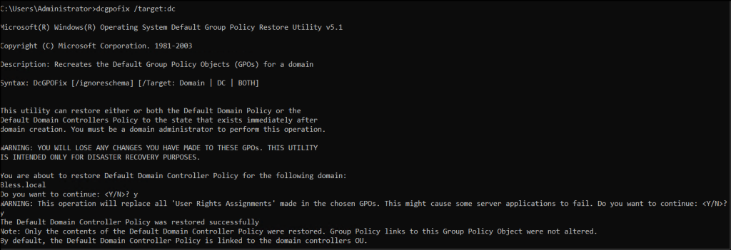 Reset Default Domain Controllers Policy using Command Prompt