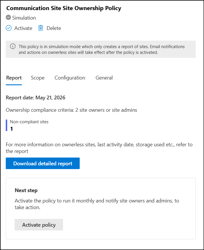 Site ownership policy report in SharePoint admin center