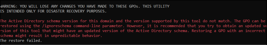 The Active Directory schema version for this domain and the version supported by this tool do not match