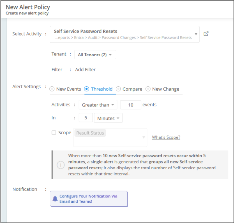 Trigger alerts for unusual SSPR activities in M365