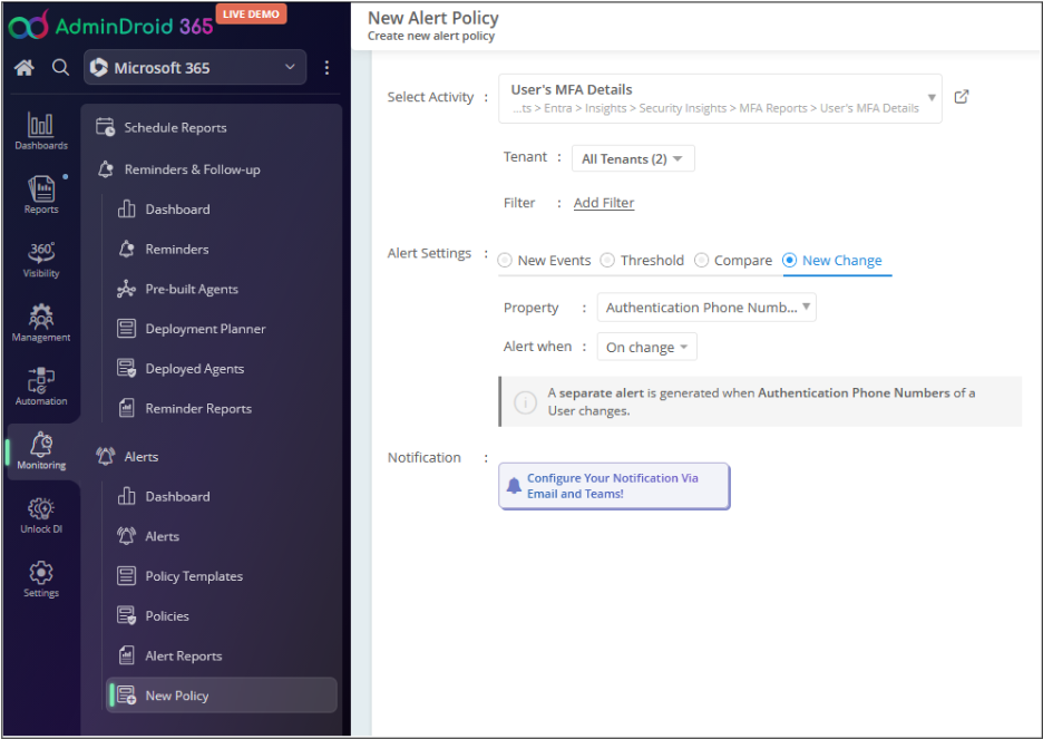 Get alerts for authentication phone number changes in M365