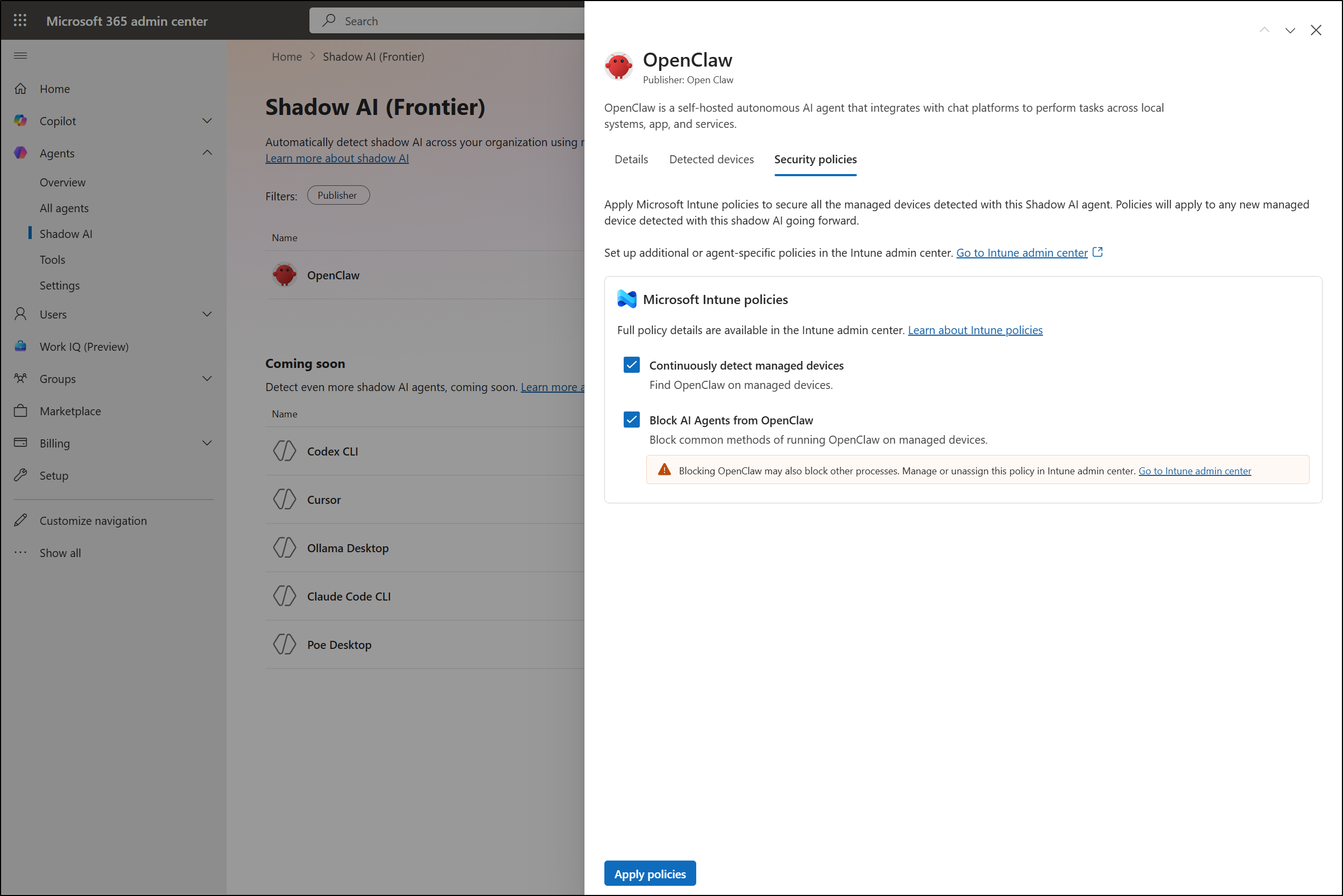 Shadow AI page in Microsoft 365 admin center 