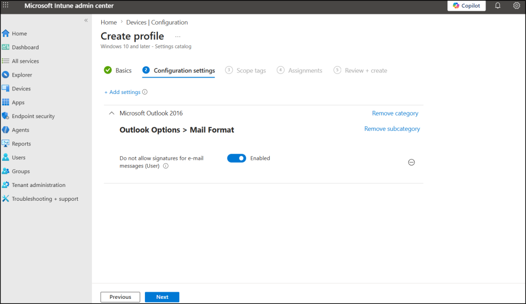 Enable the Configuration Policy for Blocking User Signature in Intune