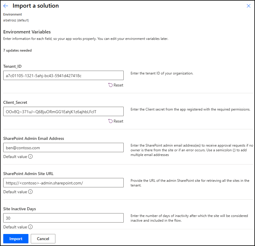 Inactive Site Management Flow Default Values