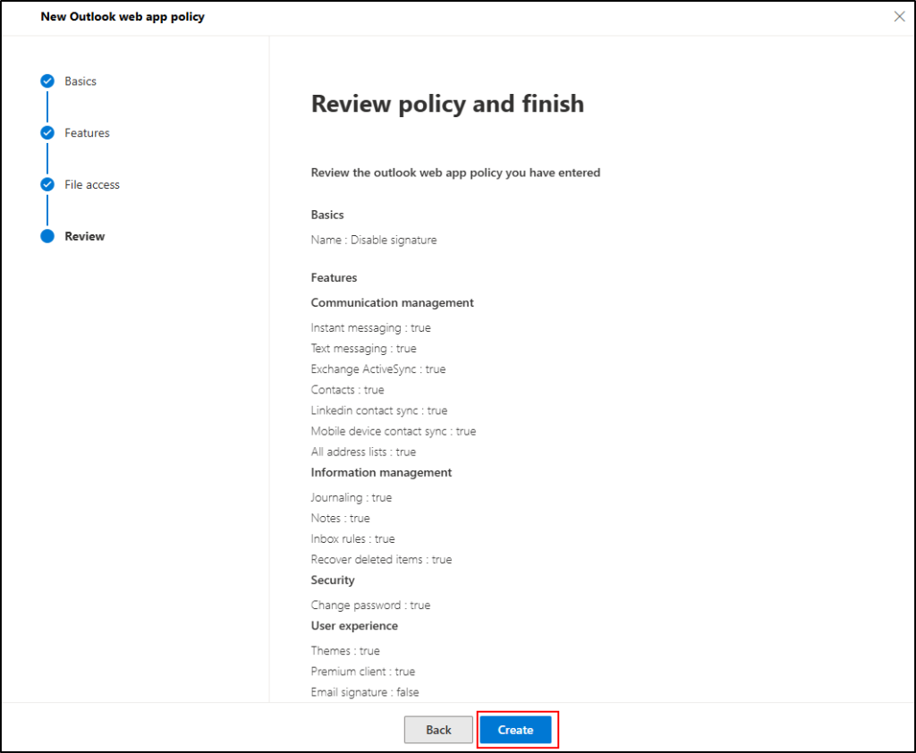 Review the Outlook Web App Policy for Blocking User Signature