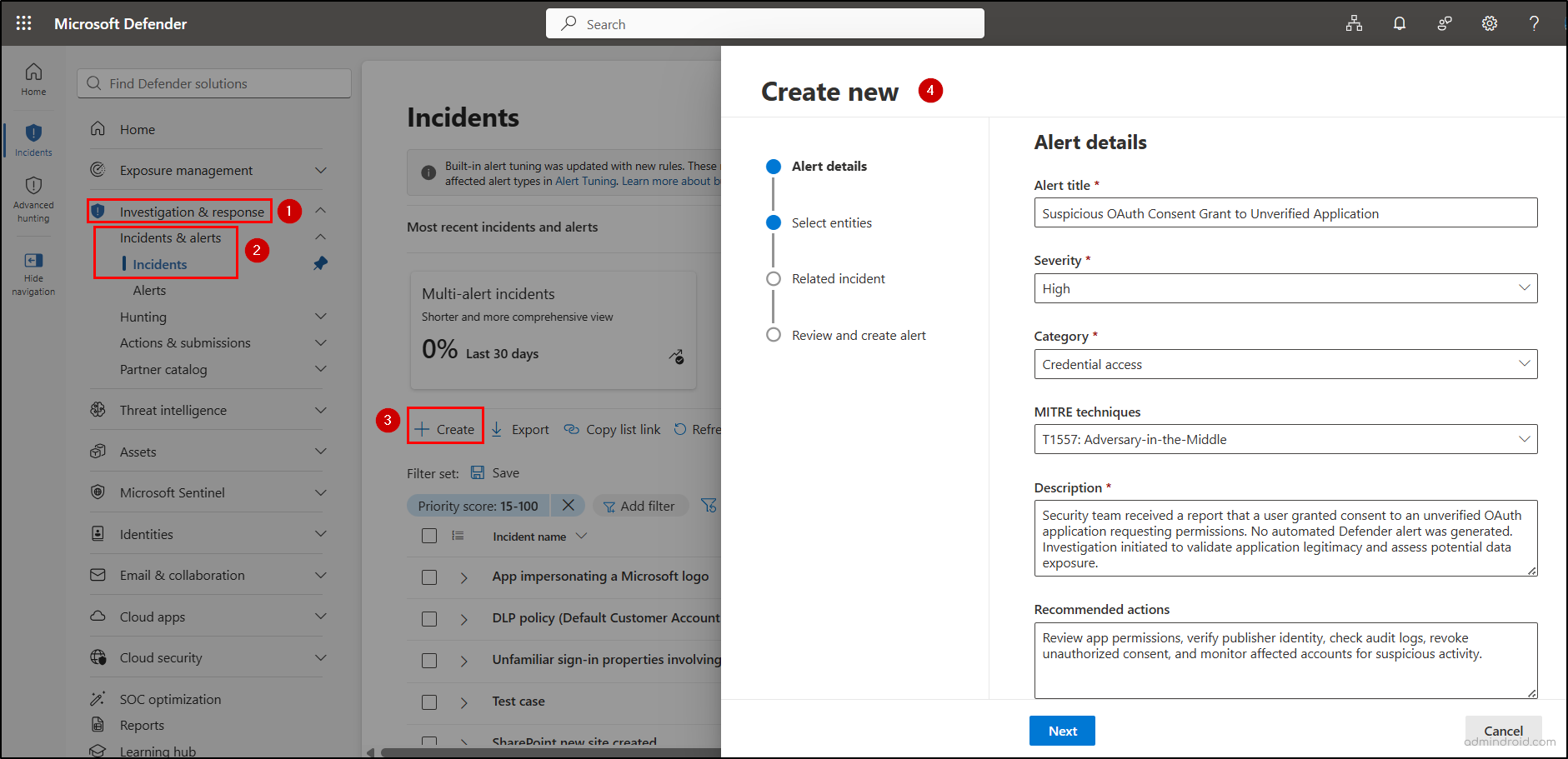 Manually create incident and alerts in Microsoft Defender